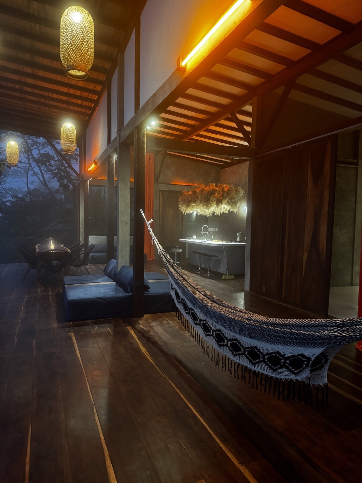 Covered terrace with hammock at dusk, Misterio
