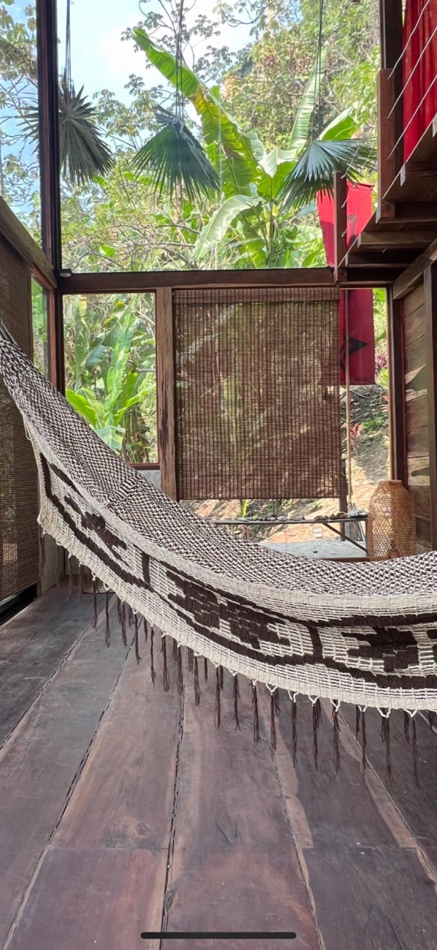 Hammock on a terrace framed by banana leaves, La Señorita
