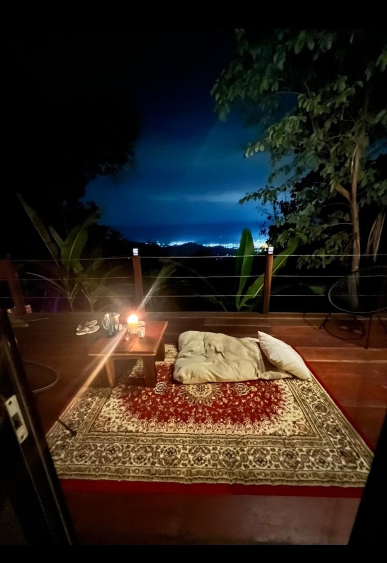 Terrace bar seating with valley view at sunset